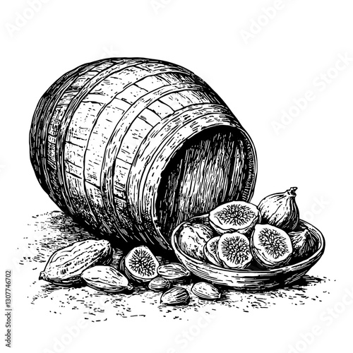 Artistic engraved illustration of a rustic barrel spilling figs and nuts on a wooden surface