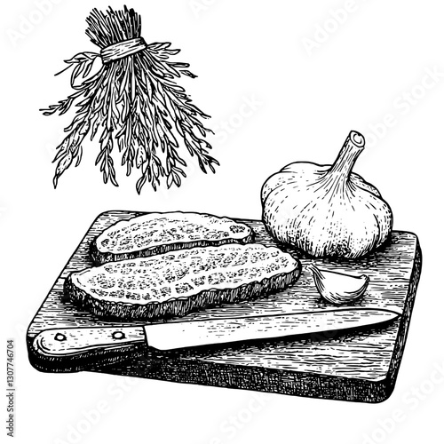 Slices of bread with garlic and herbs on a wooden cutting board ready for a flavorful culinary experience