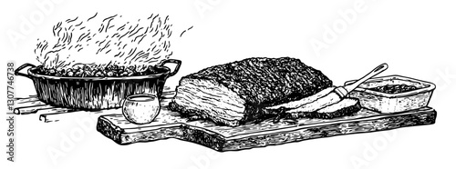Savory feast featuring a sizzling pot and expertly cooked meat on a rustic wooden board in a cozy kitchen setting