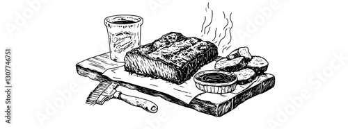 Savory bread and drink elegantly presented on a rustic wooden board