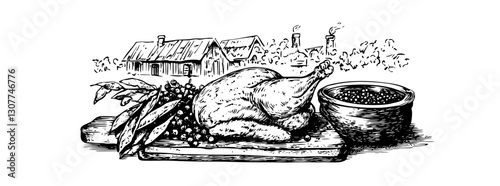 Engraved illustration of a rustic farm scene showcasing a harvested chicken and fresh vegetables on a wooden platter