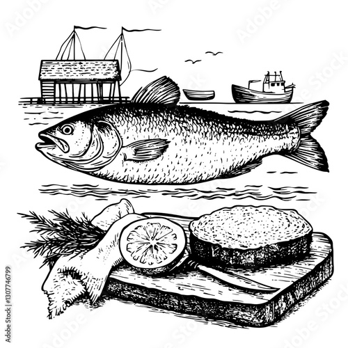 Freshly Caught Fish Prepared for Cooking Near the Tranquil Shoreline with Rustic Pier Boats in the Background