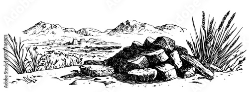 Engraved illustration of a rock cairn overlooking a majestic mountain landscape at sunset