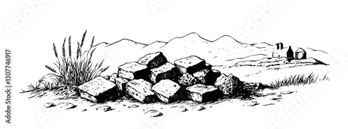 Engraved illustration of ancient stones amidst a serene landscape with distant mountains and ruins