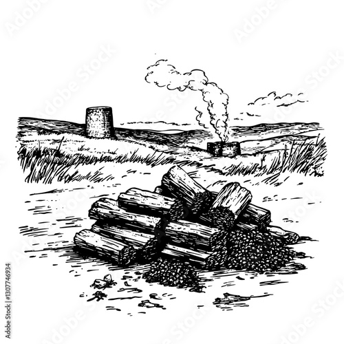 Engraved vector illustration of a rural landscape featuring a log pile and kiln with smoke against rolling hills