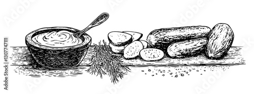 Savoring the rustic charm of homemade condiments, pickles, and fresh vegetables on a wooden table