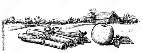 Engraved illustration of cinnamon sticks, apple, and rustic barn under a serene countryside landscape