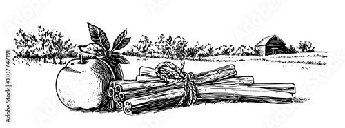 Fresh harvest of apples and bundled twigs set against a serene countryside landscape with a rustic barn