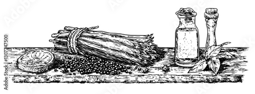 Elegant arrangement of herbs, spices, and oil captures the essence of culinary artistry in a rustic kitchen setting