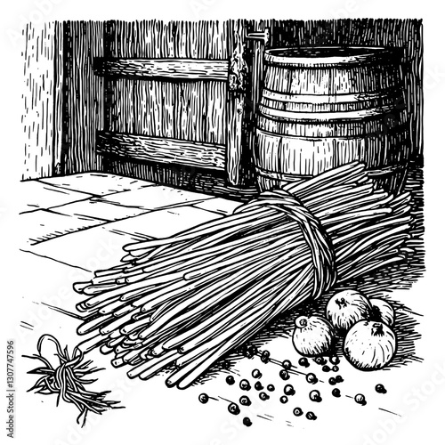 Rustic still life featuring a bundle of herbs, apples, and spices in a cozy environment near a wooden barrel