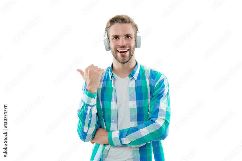 Millennial man gen lifestyle. Lifestyle and music. Man listen music in audio headphones isolated on white. Student millennial man lifestyle. Music style. Listen audio book. Point finger Millennial man gen lifestyle. Lifestyle and music. Man listen music in audio headphones isolated on white. Student millennial man lifestyle. Music style. Listen audio book. Point finger