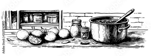 Engraved illustration of a rustic kitchen filled with ingredients for a traditional recipe and tools for culinary creation