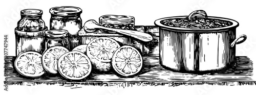 Engraved illustration of vintage kitchen ingredients showcasing fresh lemons and jars atop a rustic wooden table