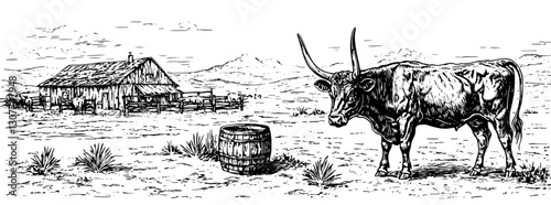 Rustic landscape featuring a sturdy ox by a wooden barrel near a weathered barn amid a vast ranch setting