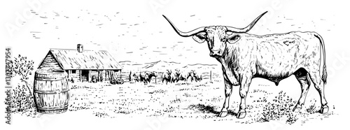 Engraved illustration showcasing a serene rural setting with a longhorn steer, quaint cabin, and barrels under a vast sky