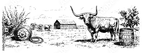 Engraved illustration of a serene rural farm with a longhorn steer, farmhouse, and cattle in a peaceful setting