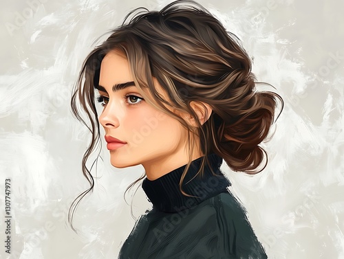Woman's profile, dark hair in bun, turtleneck.