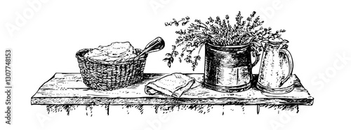 Rustic kitchen display with lavender and homemade concoction on a wooden shelf