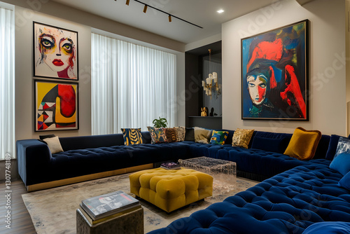 Contemporary lounge with eclectic art curation
