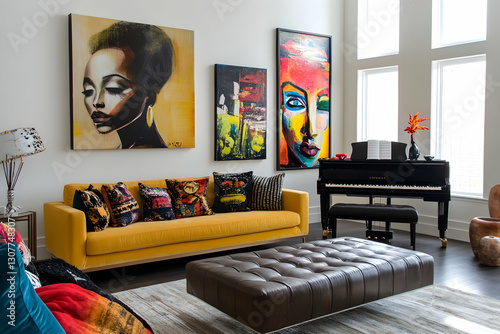 Contemporary lounge with eclectic art curation