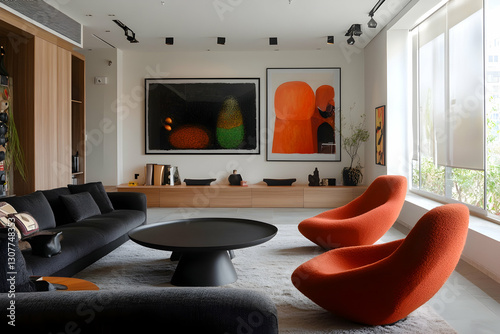 Contemporary lounge with eclectic art curation