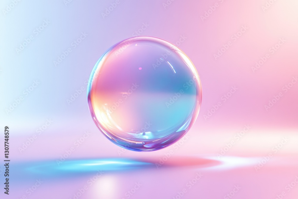 A translucent sphere, iridescent with pastel pink and blue hues, rests on a soft, glowing surface. A translucent sphere, iridescent with pastel pink and blue hues, rests on a soft, glowing surface.