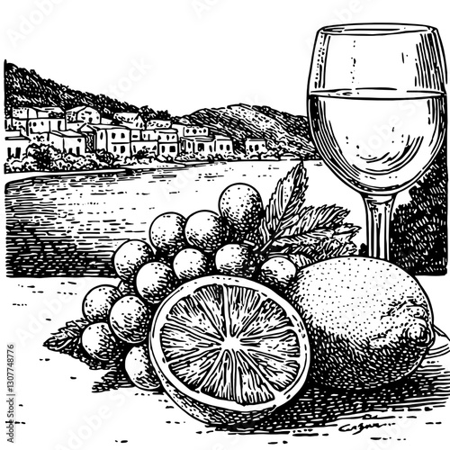 Engraved still life with grapes, lemon, and glass of wine near a picturesque coastal village at dusk