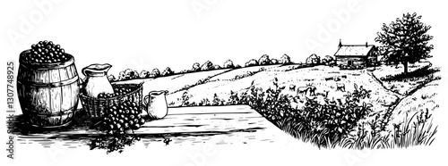 Engraved illustration showcasing a pastoral landscape with rustic elements and farm life in peaceful harmony
