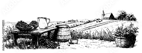 Rural landscape captures idyllic farming life with rustic table, fresh produce, and charming church on hillside