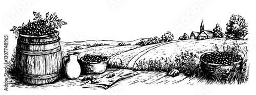 Engraved illustration of a tranquil countryside harvest with barrels, baskets, and a distant church steeple under a clear sky