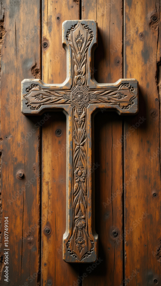 Ornate wooden cross with intricate carvings on a rustic background. Ornate wooden cross with intricate carvings on a rustic background.