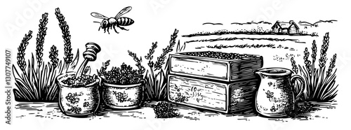 Engraved illustration of a serene honey harvesting scene with honey pots, wildflowers, and a buzzing bee
