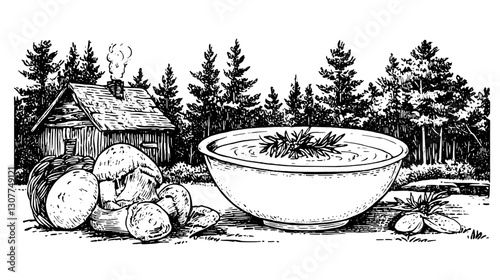 Engraved illustration of a rustic cabin in the woods with mushrooms and a bowl of soup on a serene day