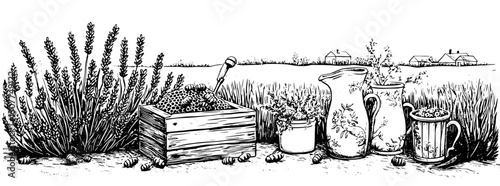 Botanical treasures and rustic charm captured in an intricate engraved illustration of lavender and honey