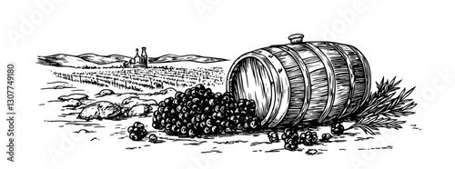 Engraved illustration of a vineyard landscape featuring a wooden barrel overflowing with grapes
