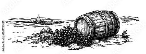 Engraved illustration depicting a vineyard landscape with spilled grapes and a wine barrel under a clear sky