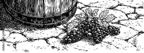Engraved illustration of a wooden barrel and clustered grapes on cobblestone, perfect for a rustic vineyard theme