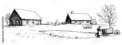 Engraved illustration of a rustic farmstead with buildings, grazing animals, and a farmer near a tranquil pond