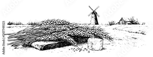 Harvesting wheat near a traditional windmill on a sunny countryside afternoon