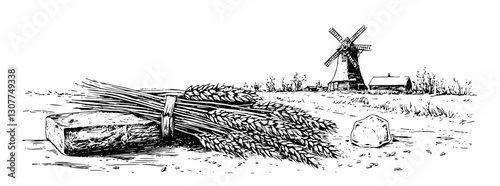Engraved illustration of a traditional windmill with wheat sheaves resting against a stone in a scenic rural landscape