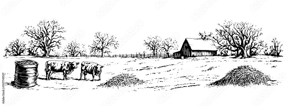 Fototapeta premium Engraved illustration of a serene countryside with cows grazing near a rustic barn in the winter light