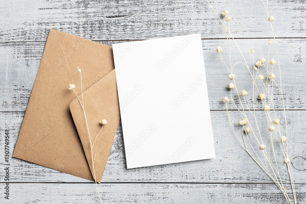 Fototapeta premium Wedding invitation or greeting card mockup with dried flax flowers decoration on wooden background