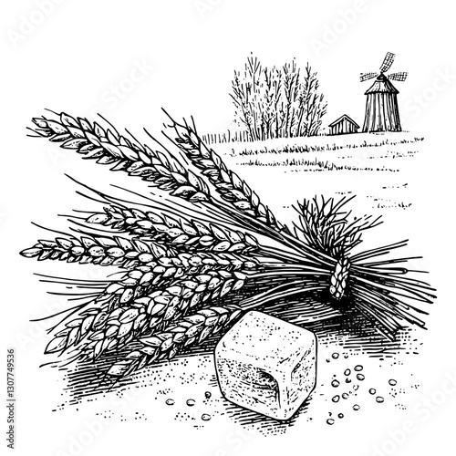 Engraved illustration showcasing wheat, a block of cheese, and a windmill under a clear sky in a tranquil countryside setting