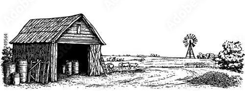 Rustic farmstead with a barn, windmill, and grazing cattle in a serene countryside landscape