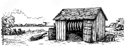 Rustic fish storage shed in a serene countryside setting with harvested produce and a backdrop of distant farms
