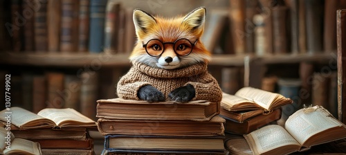 Charming fox in sweater and glasses poses on books in cozy setting