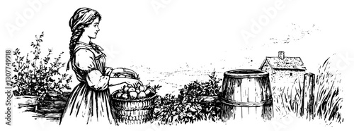 Girl collecting fresh vegetables in a serene countryside setting