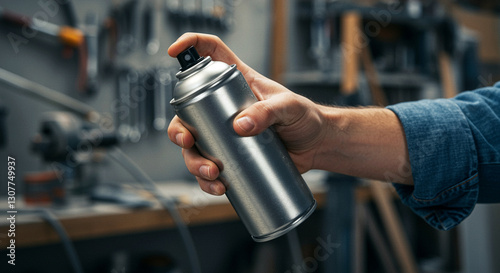Spray Can in Hand. Person holding silver spray can in workshop. Close-up of spray paint can in hand photo