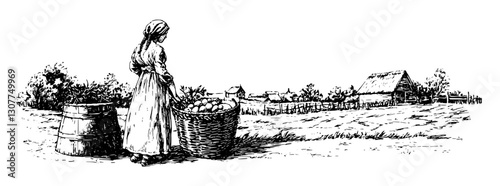 Beautiful day on a farm as a woman gathers fresh produce near her rustic home