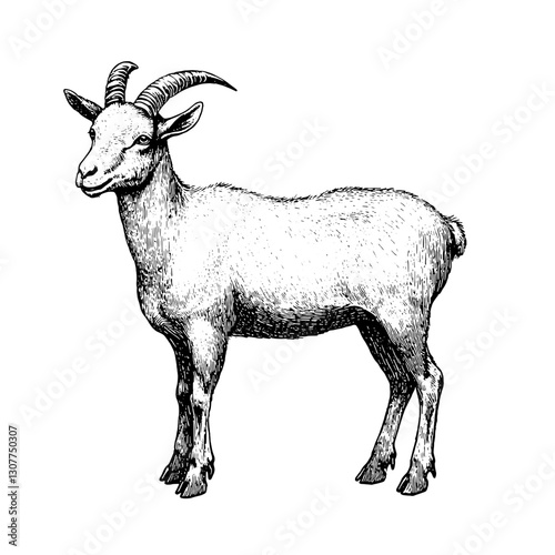 Engraved illustration of a majestic goat standing proudly against a plain background